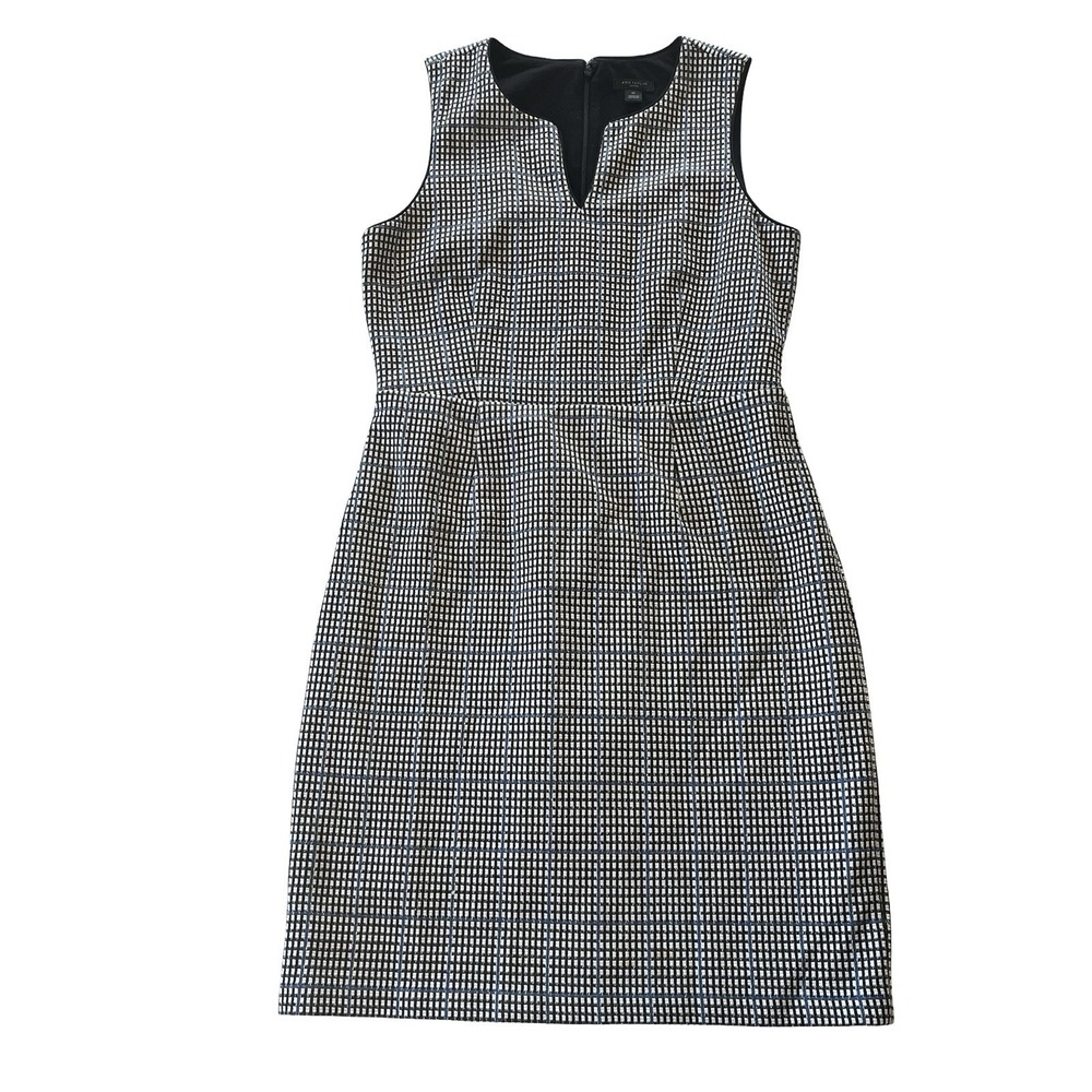 Ann Taylor Women's Size 6P Petite Dress V-Neck Pencil Career Check Blue Black